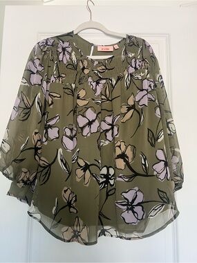 EVRI Olive Floral Peasant Blouse with Lilac and Beige Blooms
